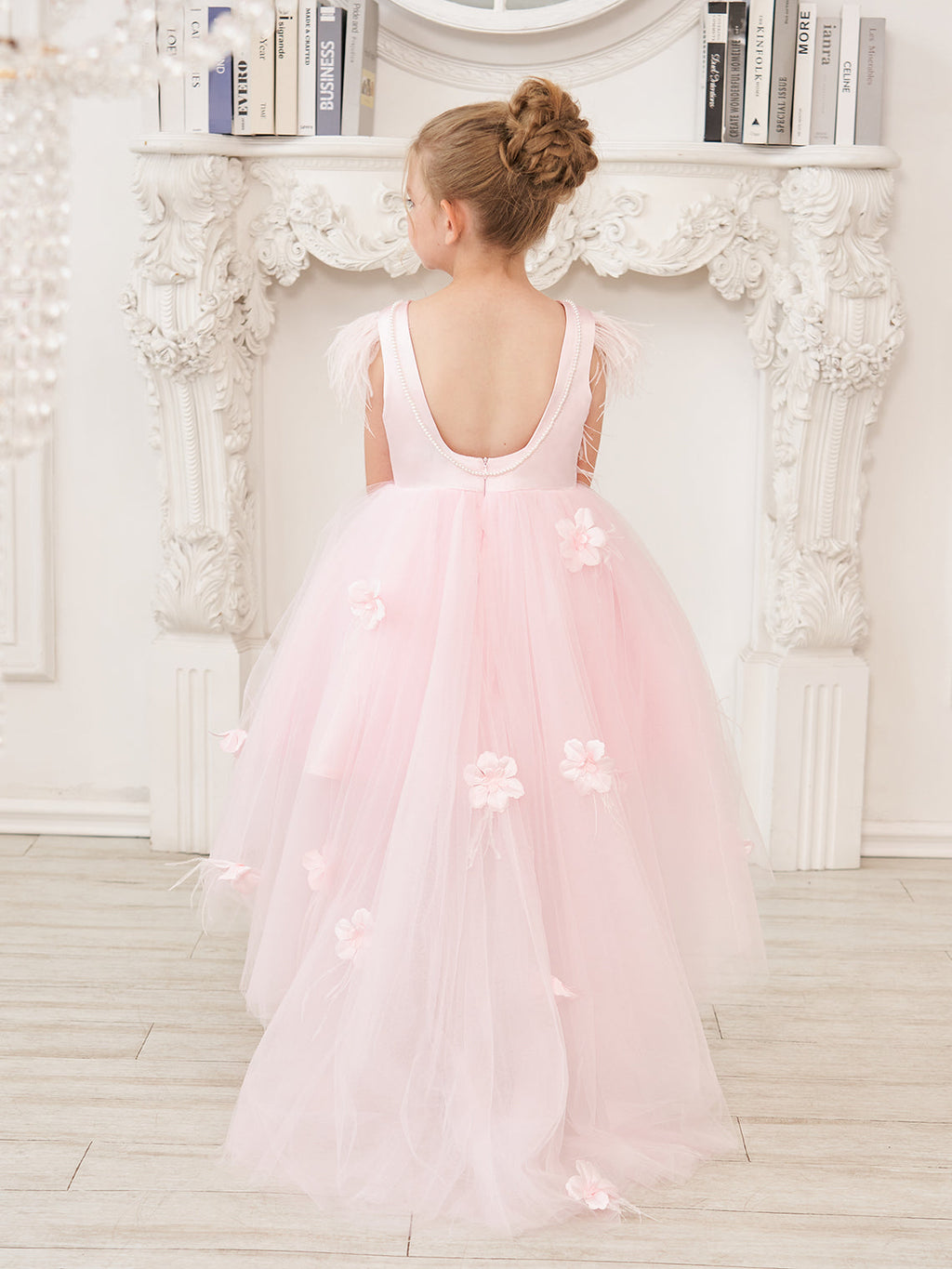 Vestido de niña de las flores de tul sin mangas estilo princesa con cuentas y lazo de plumas (010224704) 