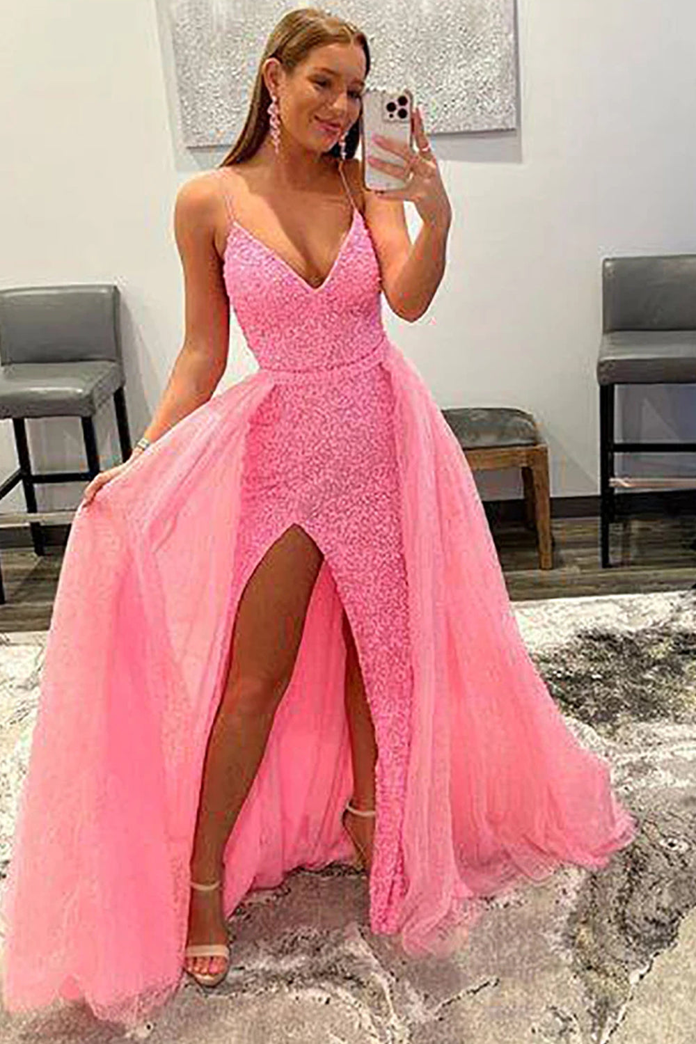 Sparkly Detachable Train Sequins Prom Dress with Slit