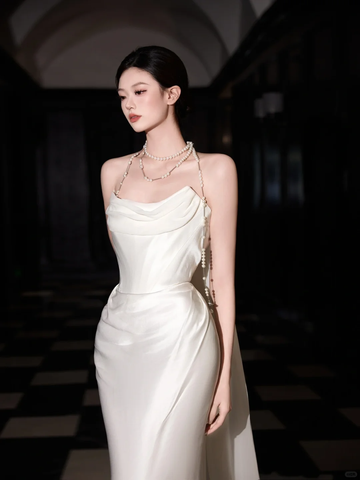 Classy White Satin Chiffon Mermaid Prom Dress,Strapless Long Wedding Dress Y8591
