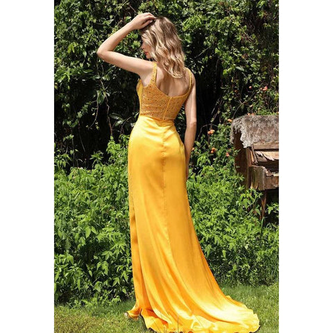 Robe de soirée longue fourreau à paillettes et perles, col en V, avec fente