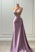 Vestido largo de sirena sin mangas, de satén y encaje, con un solo hombro, ideal para fiestas.