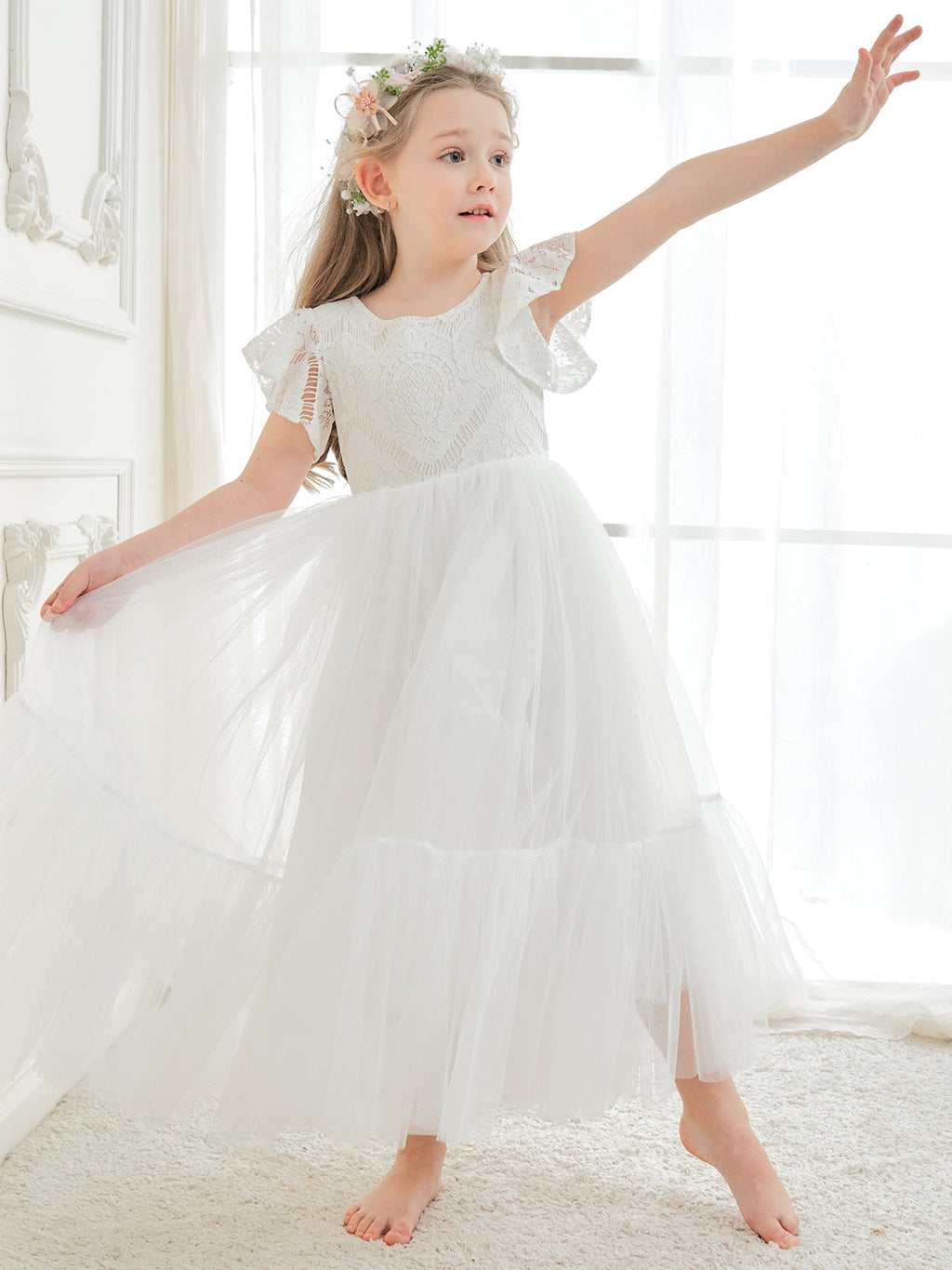 Vestido blanco de tul y encaje hasta el tobillo (2003227579) 