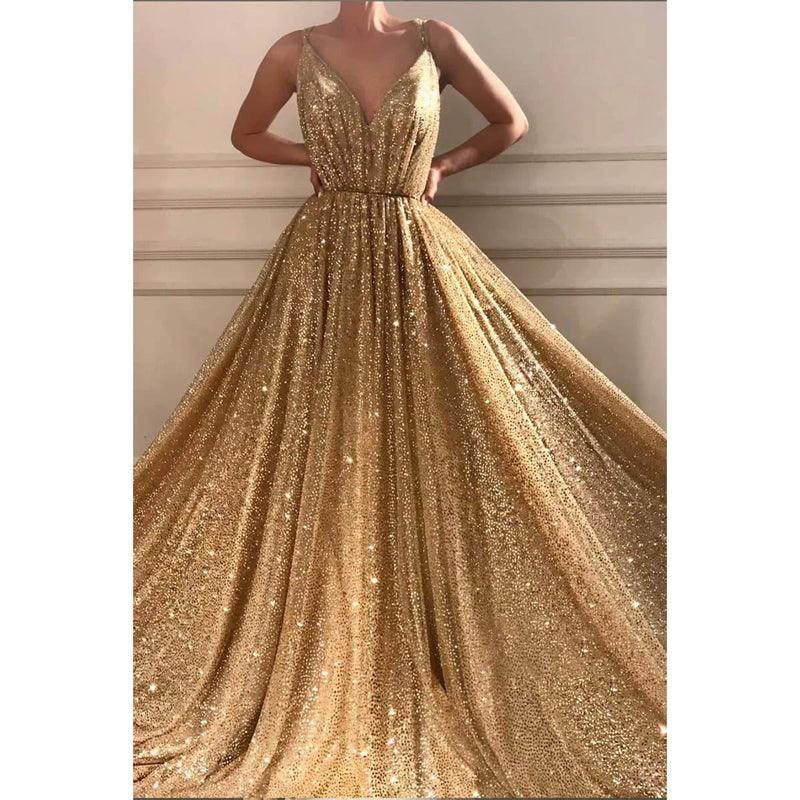 Robe de soirée formelle scintillante à paillettes dorées, coupe trapèze, col en V, bretelles spaghetti 