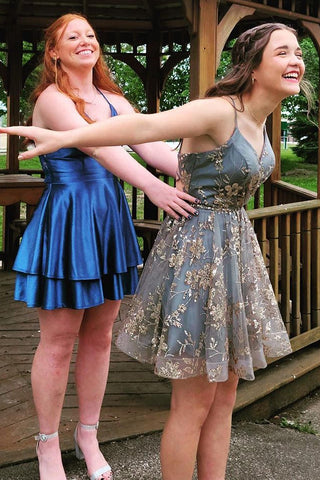 Cute A Line Spaghetti Straps Grey Short Homecoming Dress with Embroidery