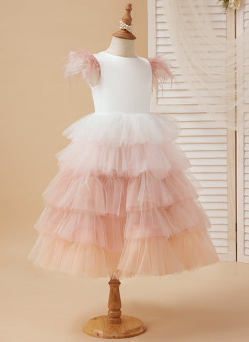 Vestido de princesa rosa de tul hasta la rodilla con mangas de plumas para niñas de las flores (010224240) 