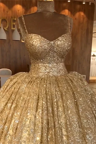 Spaghetti Straps Gold Evening Dress | Luxury Ball Gown Princess Prom Dress S19116