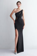 One Shoulder Black Long Prom Dress with Split Front