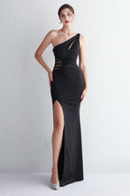 One Shoulder Black Long Prom Dress with Split Front