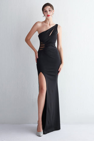 One Shoulder Black Long Prom Dress with Split Front