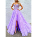 Vestido de noche de fiesta de graduación con escote en forma de A, de tul, sin tirantes y apliques con abertura lateral 