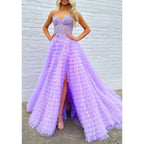 Vestido de noche de fiesta de graduación con escote en forma de A, de tul, sin tirantes y apliques con abertura lateral 