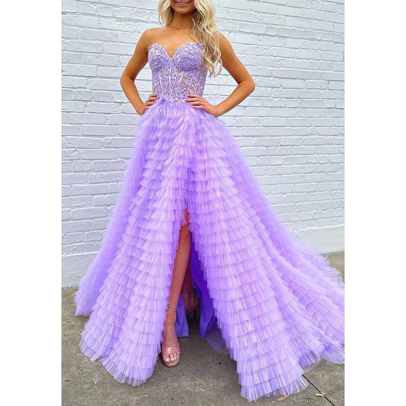 Vestido de noche de fiesta de graduación con escote en forma de A, de tul, sin tirantes y apliques con abertura lateral 