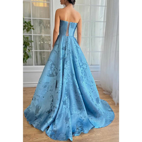 Satin A-line Strapless Appliques with Side Slit Party Prom Evening Dress