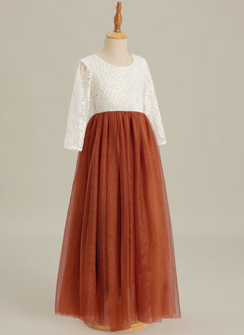 Vestido de niña de las flores de tul, manga larga, corte línea A, encaje blanco angelical 