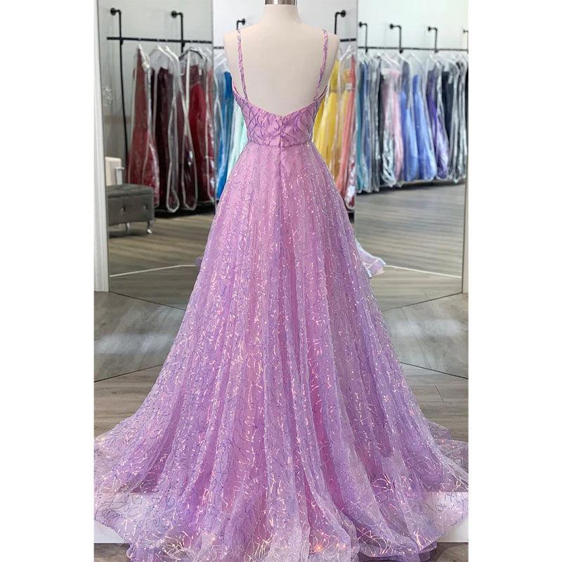 Vestido de fiesta morado con lentejuelas, encaje, escote en V y corte A con purpurina 