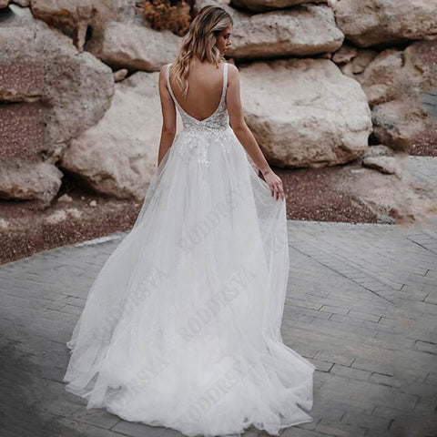 Sleeveless Appliques A-Line Bridal Gowns Backless Square Collar Wedding Dresses Spagehtti Straps Tulle Vestido De Novia