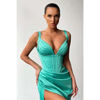 Vestidos de fiesta de sirena con escote en V, pliegues y abertura alta sexys 