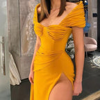 Robe de soirée sirène élégante à épaules dénudées et fente longue en ligne