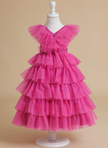 Vestido de princesa rosa estilo princesa, sin mangas, de tul y con volantes para niña de las flores 