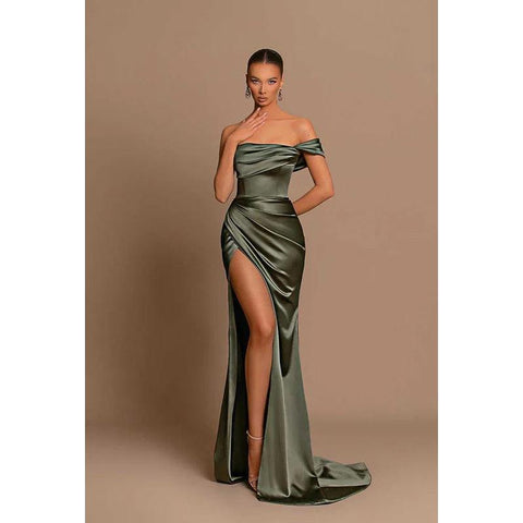 Robe de soirée longue bustier asymétrique froncée avec fente