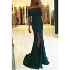 Robe de soirée sirène chic en satin bleu royal à épaules dénudées et fente haute 