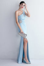 One Shoulder Black Long Prom Dress with Split Front