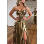 Vestido de noche estilo imperio sin mangas, escote corazón, sin tirantes y abertura lateral para fiesta de graduación 