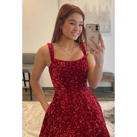 Robe de bal longue trapèze à paillettes et col carré avec traîne