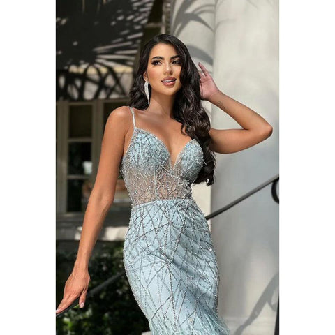 Elegant Luxurious Sheath V-Neck Straps Fully Beaded Party Gown Prom Dress with Feather