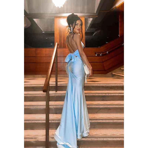 V-Neck Halter Ruched Satin Long Prom Evening Dress With Sweep Train