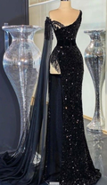 Magnifique robe de soirée noire à sequins, ornée de perles et de franges, longue robe de bal fendue Y7650