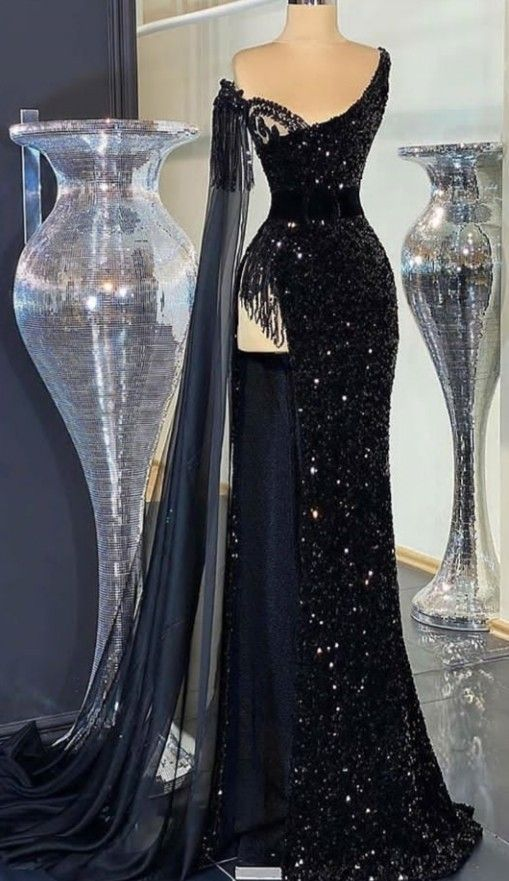 Magnifique robe de soirée noire à sequins, ornée de perles et de franges, longue robe de bal fendue Y7650