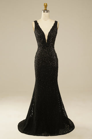 Robe de bal longue élégante en dentelle noire à paillettes et strass
