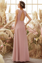 Vestido de dama de honor de gasa color rubor con espalda descubierta