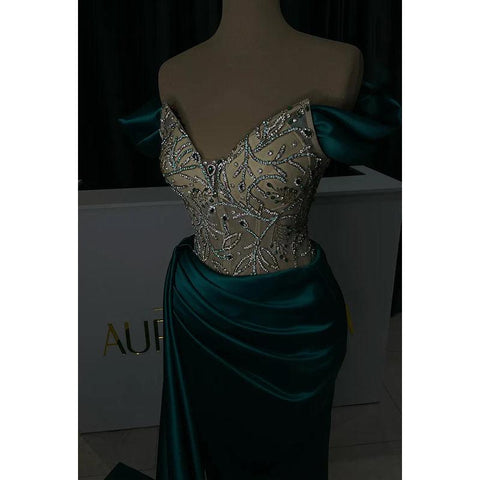 Robe de bal de fin d'année sirène/trompette, col en V, manches courtes, froncée, strass