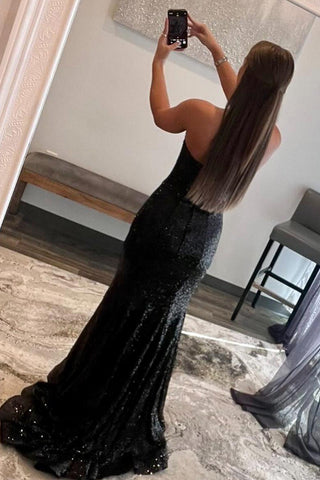 Vestido largo de fiesta de sirena sin tirantes, negro con lentejuelas y plumas