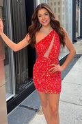 Vestido corto de fiesta rojo de lentejuelas, estilo tubo, con un solo hombro y escote en forma de ojo de cerradura.