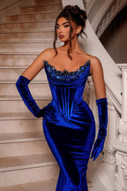 Royal Blue Mermaid Evening Gowns Strapless With Beads