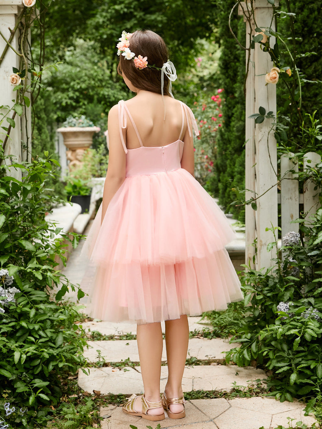 Vestido rosa perla de corte A y largo hasta la rodilla de tul (2003224887) 