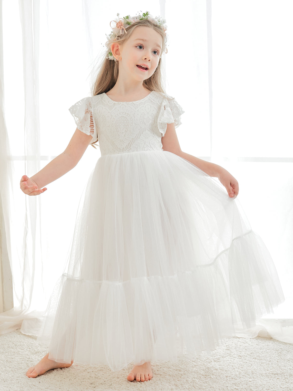 Vestido blanco de tul y encaje hasta el tobillo (2003227579) 