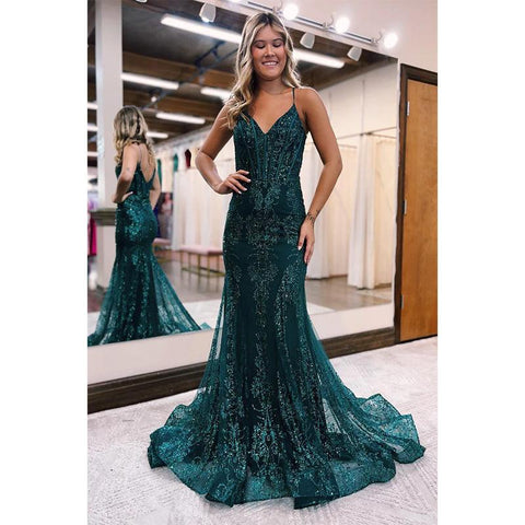Robe de bal sirène longue et sexy à paillettes et col en V