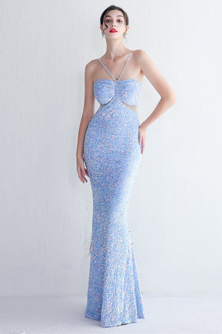 Vestido largo de fiesta negro con lentejuelas, estilo sirena, escote halter y abertura en forma de ojo de cerradura