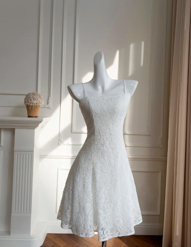 Classy White Spaghetti Straps Lace A Line Homecoming Dress Mini Party Dress Y8584