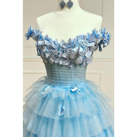 Vestido de noche de fiesta de graduación con escote en A de tul, hombros descubiertos, apliques escalonados y abertura lateral 