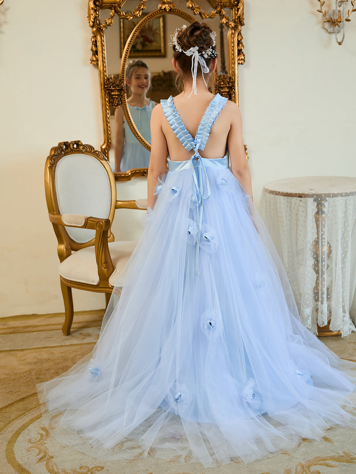 Vestido de niña de las flores azul con cola de tul estilo princesa/baila de baile 