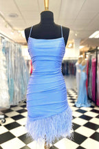 Cute Sheath Spaghetti Straps Hot Pink Short Homecoming Dress with Feather