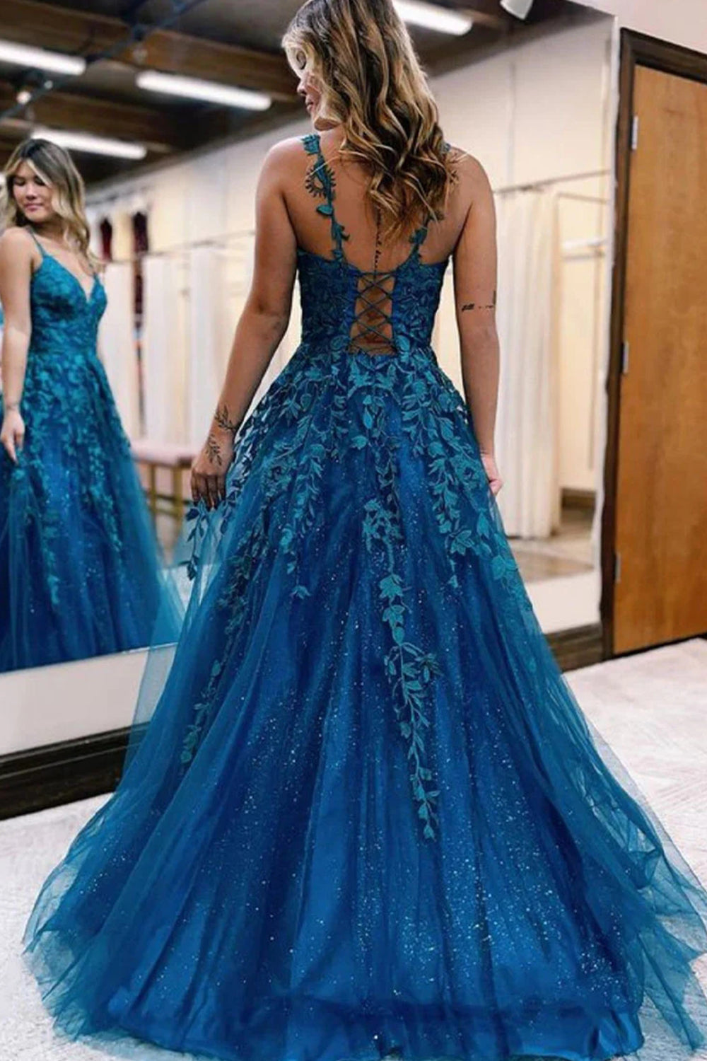 Glitter Lace A-Line Long Prom Dress