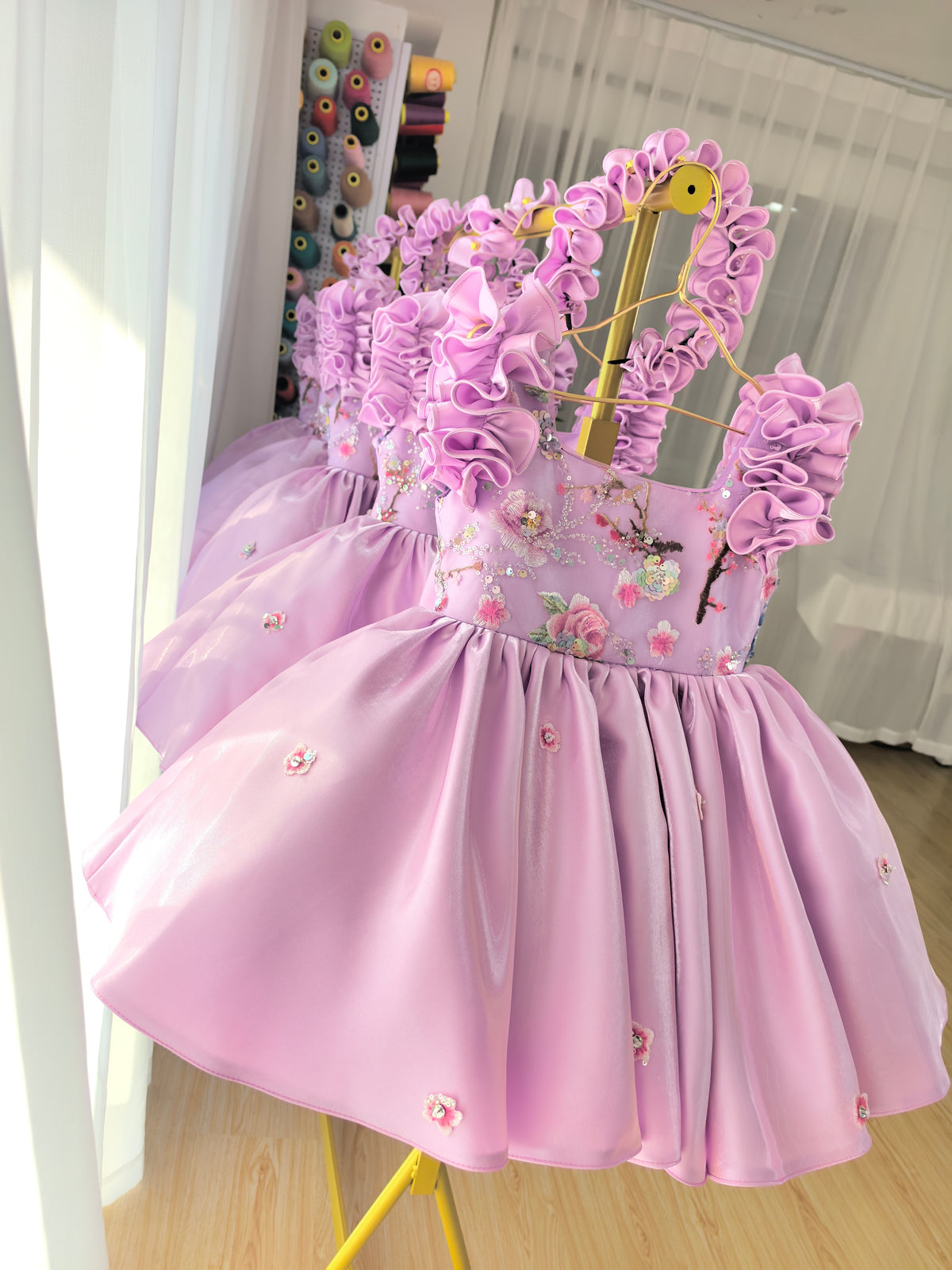 Floral Embroidery Sequins Tulle Knee-length Pink Baby Girl Dress
