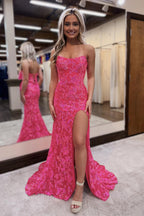 Robe de bal sirène bustier en dentelle à sequins et fente