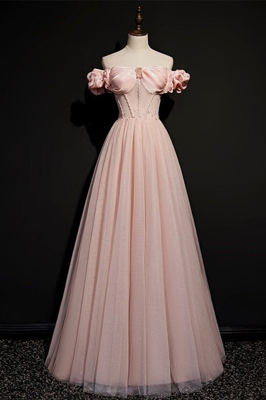 Vestido de princesa rosa de tul con cuentas, estilo princesa, con hombros descubiertos, vestido de noche Y7584